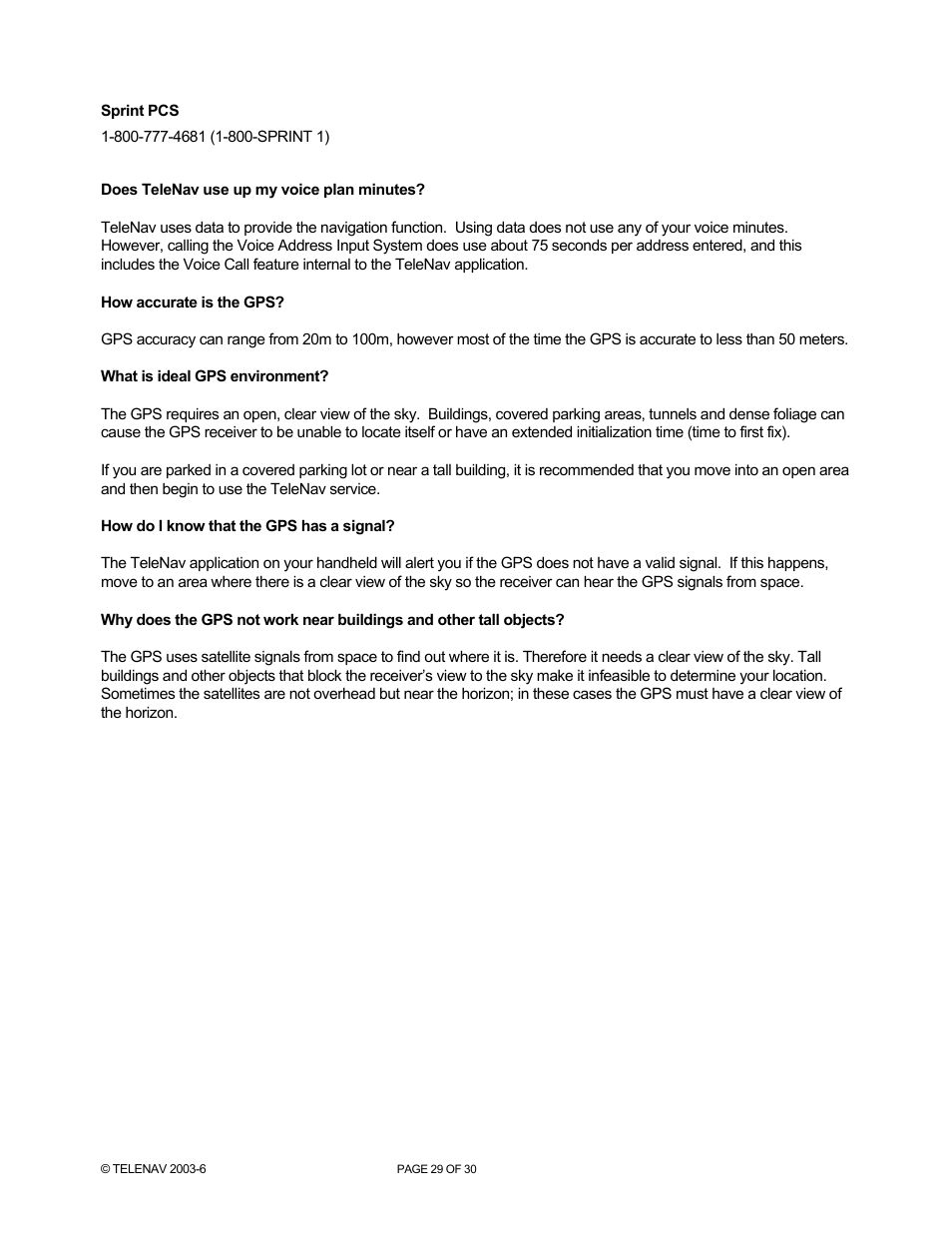 Telenav for Sprint Supported Devices: v4.1 for Palm Treo 700p User Manual | Page 29 / 30