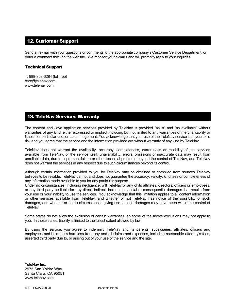 Telenav for Sprint Supported Devices: v4.1 for Palm Treo 700p User Manual | Page 30 / 30