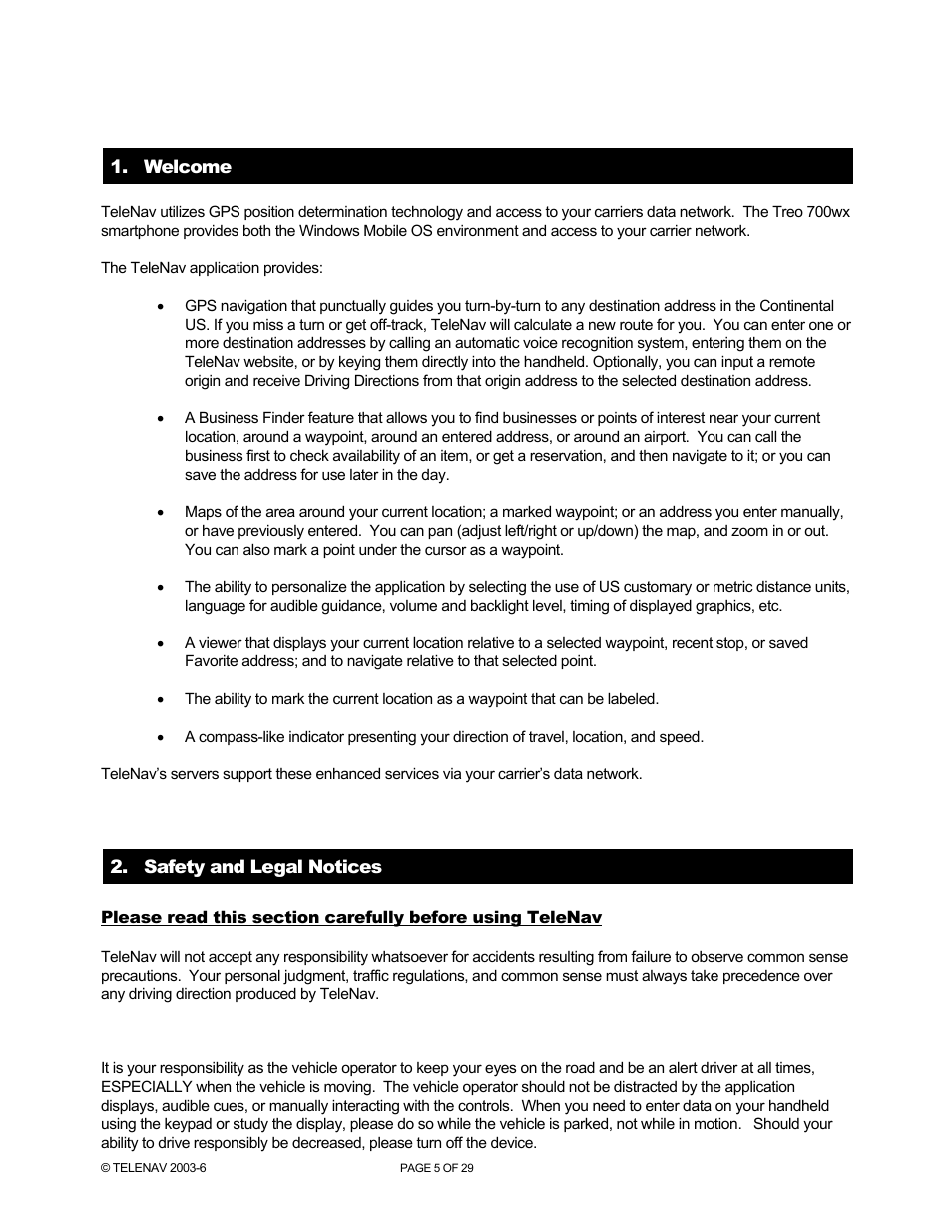 Telenav for Sprint Supported Devices: v4.1 for Palm Treo 700wx User Manual | Page 5 / 29