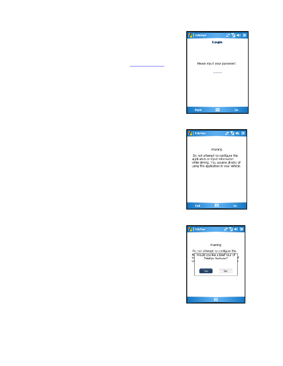Warning screen, Product tour | Telenav for AT&T Supported Devices: v2.0 for Windows Mobile; HTC 8525, 8925; Samsung BlackJack 2 Users Guide User Manual | Page 10 / 57