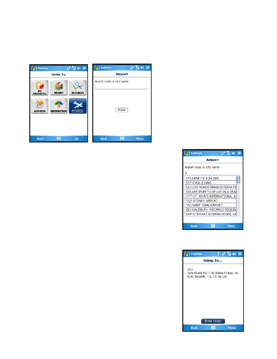 Airports, Driving direction options (trip confirmation) | Telenav for AT&T Supported Devices: v2.0 for Windows Mobile; HTC 8525, 8925; Samsung BlackJack 2 Users Guide User Manual | Page 24 / 57