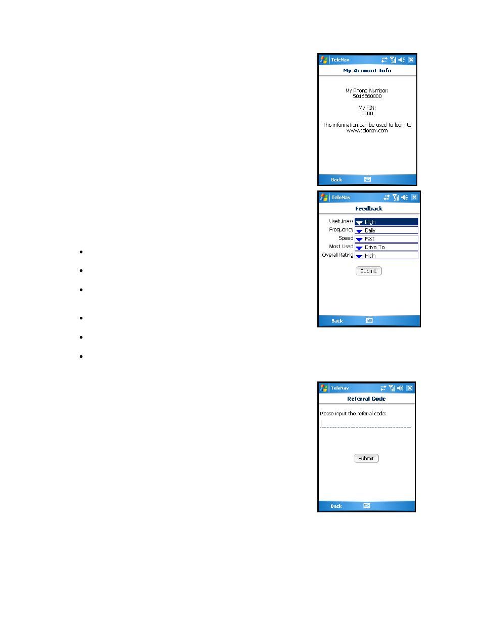 My account info, Give feedback, Referral code | Telenav for AT&T Supported Devices: v2.0 for Windows Mobile; HTC 8525, 8925; Samsung BlackJack 2 Users Guide User Manual | Page 51 / 57