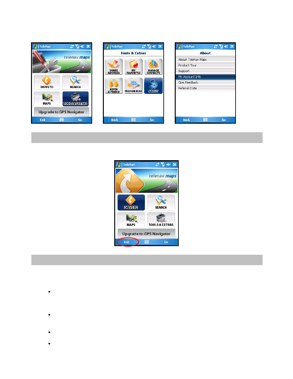 Exit telenav maps, Upgrading to telenav gps navigator | Telenav for AT&T Supported Devices: v2.0 for Windows Mobile; HTC 8525, 8925; Samsung BlackJack 2 Users Guide User Manual | Page 53 / 57