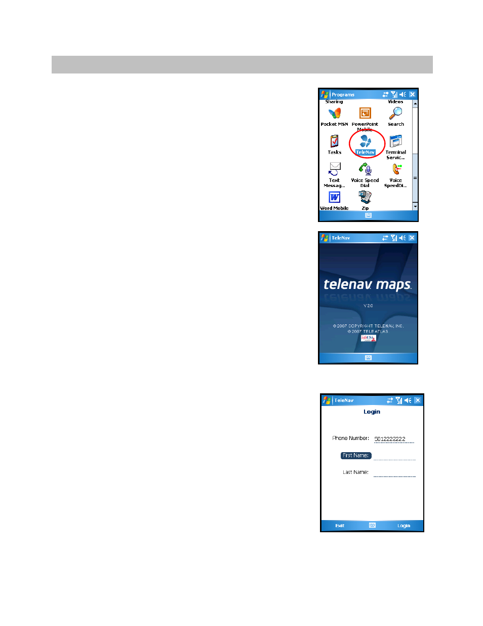 Launching telenav maps, Login | Telenav for AT&T Supported Devices: v2.0 for Windows Mobile; HTC 8525, 8925; Samsung BlackJack 2 Users Guide User Manual | Page 9 / 57