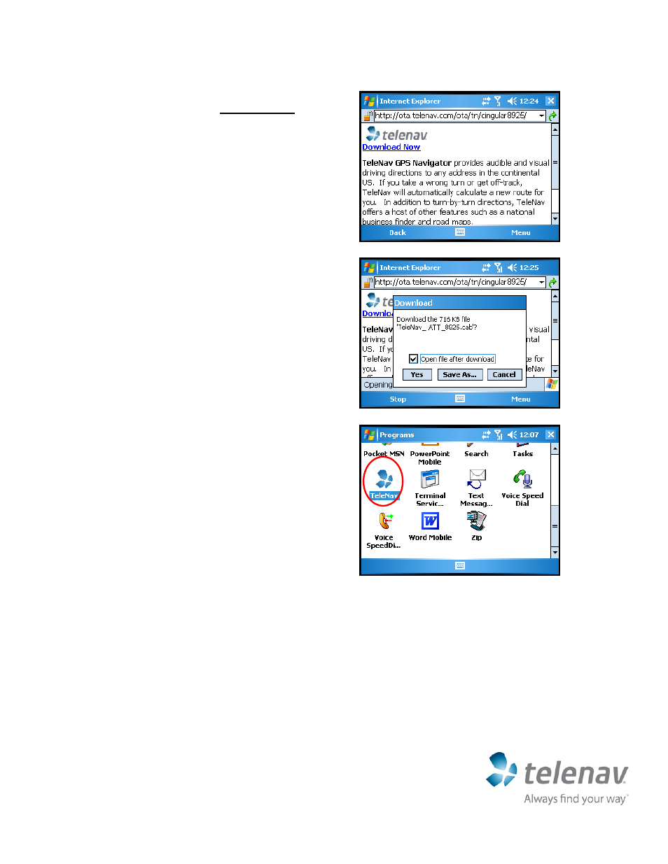 Quick-start guide for at&t windows mobile | Telenav for AT&T Supported Devices: v5.2 for Windows Mobile; HTC 8525, 8925; Samsung BlackJack 2 Quick Start Guide User Manual | Page 2 / 5