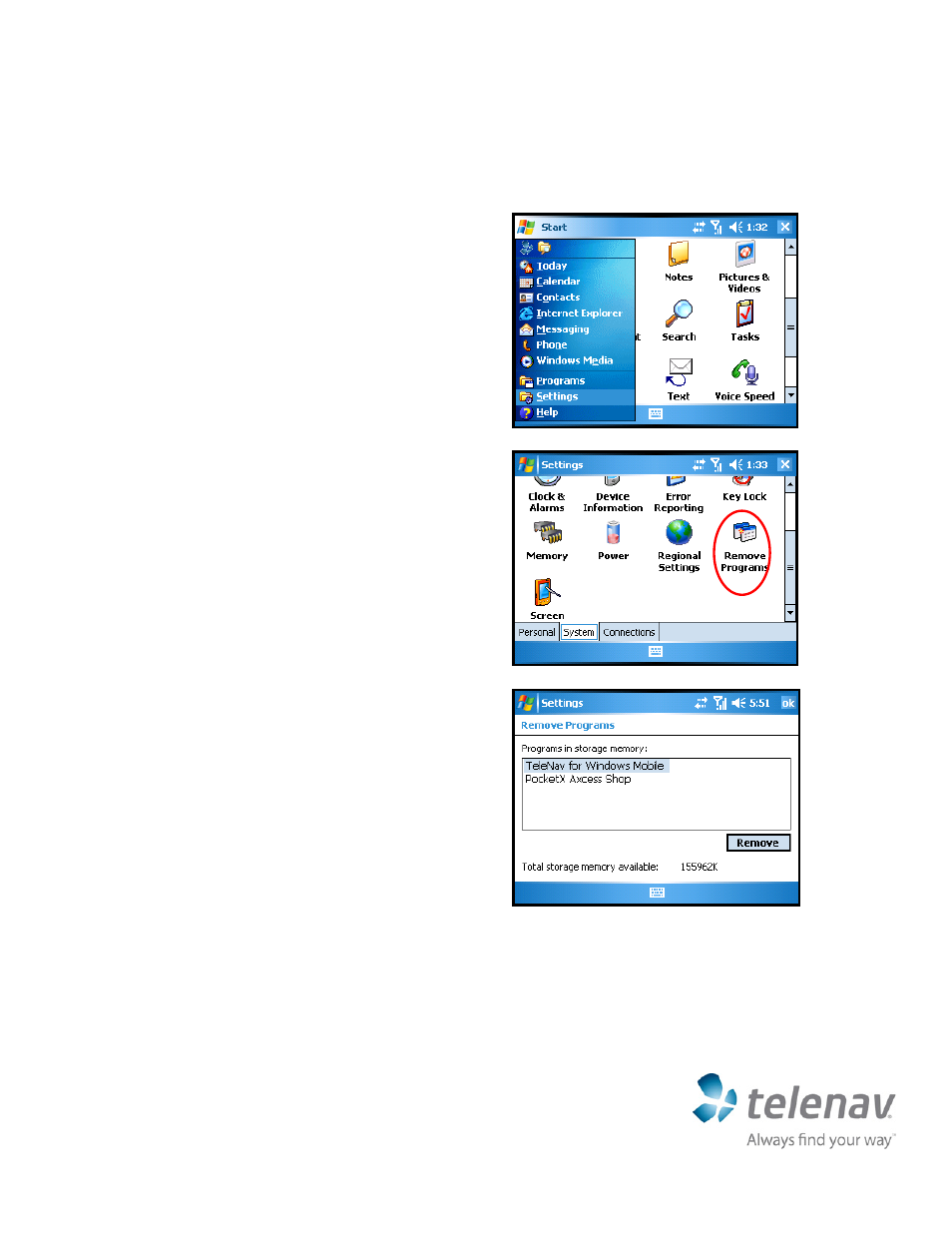 Removing telenav gps navigator and telenav maps, Quick-start guide for at&t windows mobile | Telenav for AT&T Supported Devices: v5.2 for Windows Mobile; HTC 8525, 8925; Samsung BlackJack 2 Quick Start Guide User Manual | Page 4 / 5