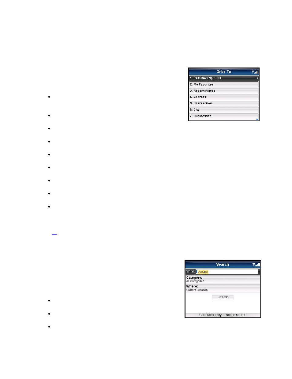 Drive to menu, Search menu | Telenav for AT&T Supported Devices: v5.5 for BlackBerry smartphones User Manual | Page 14 / 67