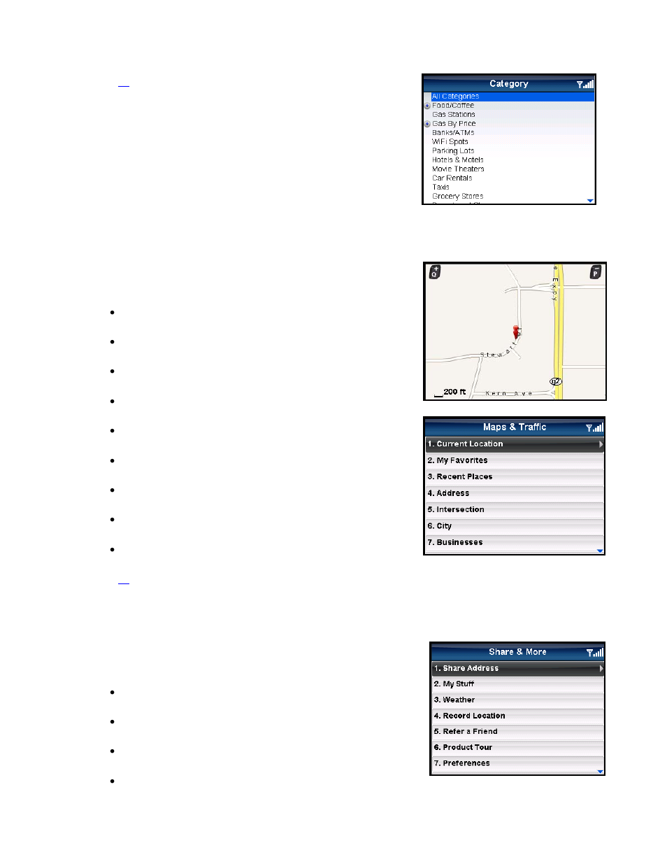 Maps & traffic menu, Share & more menu, Drive to menu | Telenav for AT&T Supported Devices: v5.5 for BlackBerry smartphones User Manual | Page 15 / 67