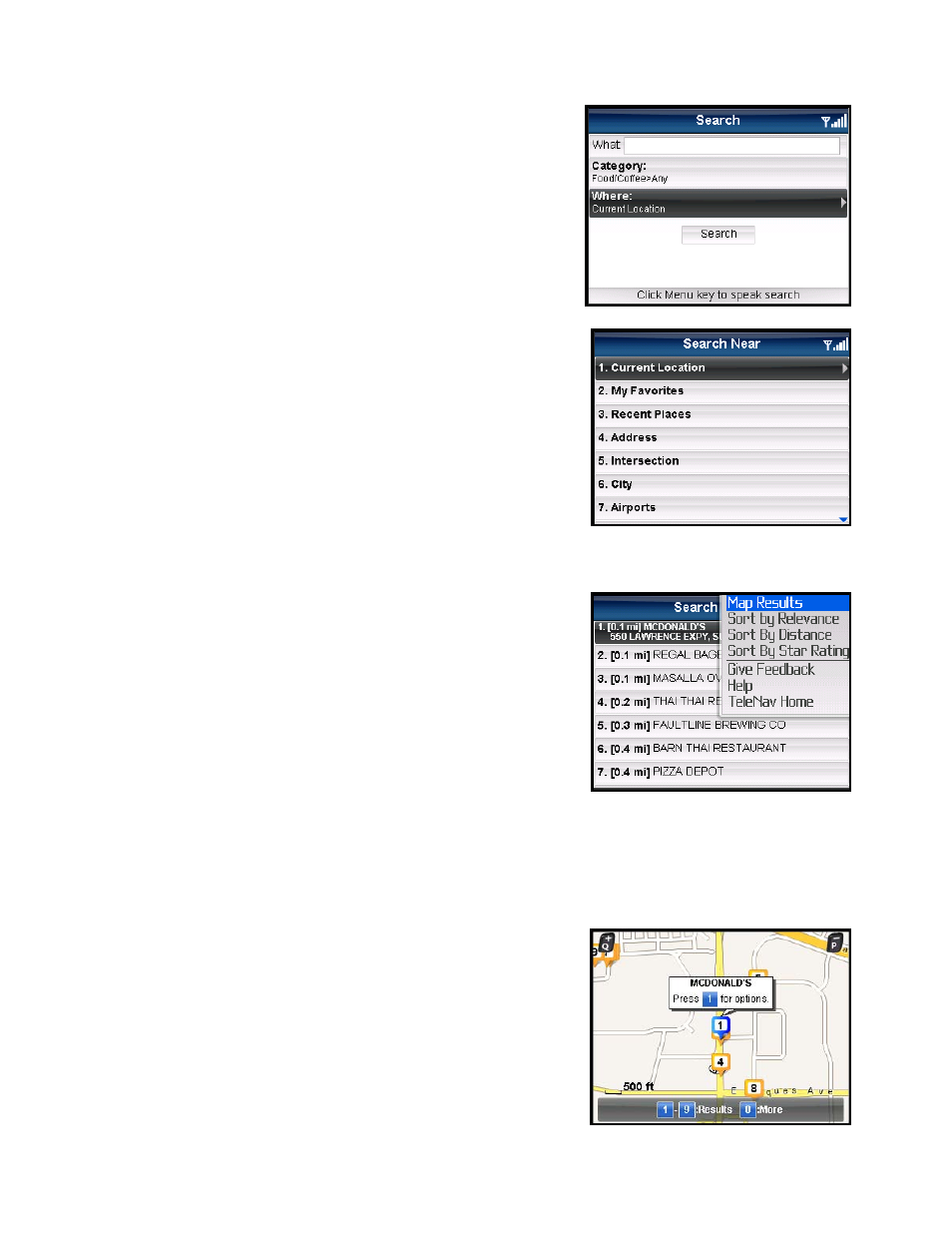 Define a location, Sorting options, Map results | Telenav for AT&T Supported Devices: v5.5 for BlackBerry smartphones User Manual | Page 39 / 67
