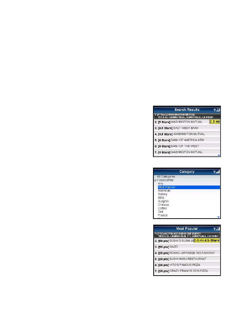 Sort by relevance, Sort by distance, Sort by star rating | Most popular category | Telenav for AT&T Supported Devices: v5.5 for BlackBerry smartphones User Manual | Page 40 / 67
