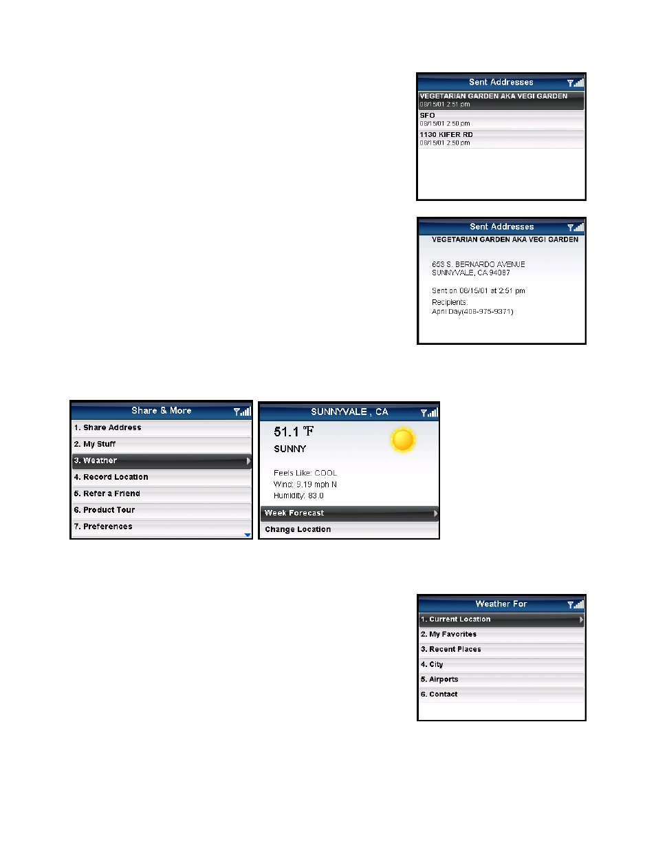 Sent addresses, Weather | Telenav for AT&T Supported Devices: v5.5 for BlackBerry smartphones User Manual | Page 53 / 67