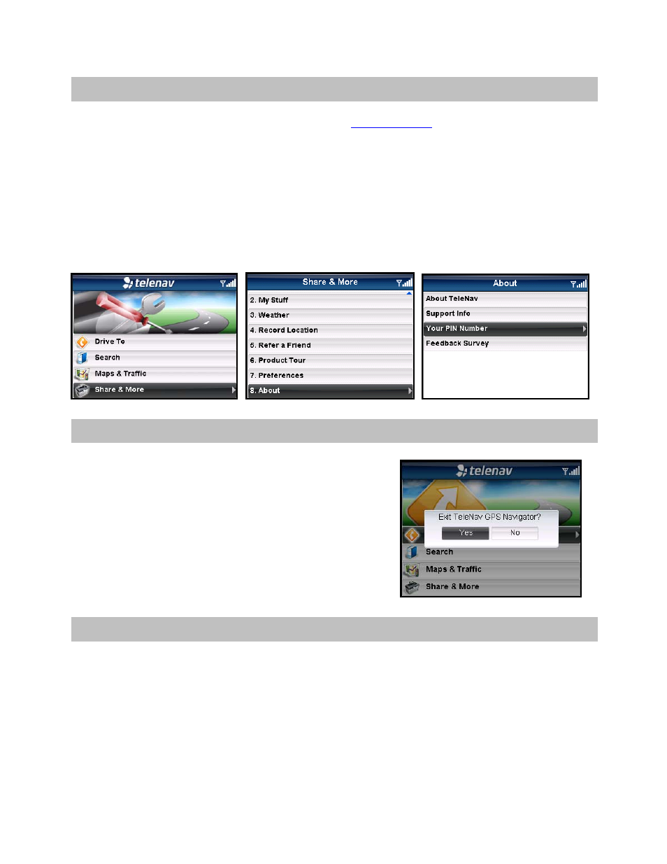 Changing your pin number, Exiting telenav gps navigator, Removing telenav gps navigator | Telenav for AT&T Supported Devices: v5.5 for BlackBerry smartphones User Manual | Page 62 / 67