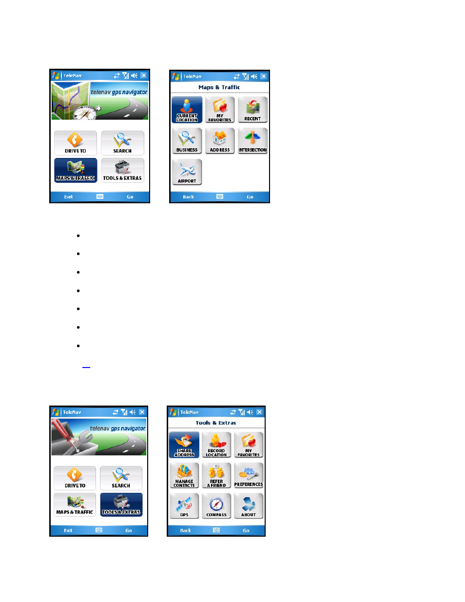 Maps & traffic menu, Tools/extras menu | Telenav for AT&T Supported Devices: v5.2 for Windows Mobile; HTC 8525, 8925; Samsung BlackJack 2 Users Guide User Manual | Page 16 / 72