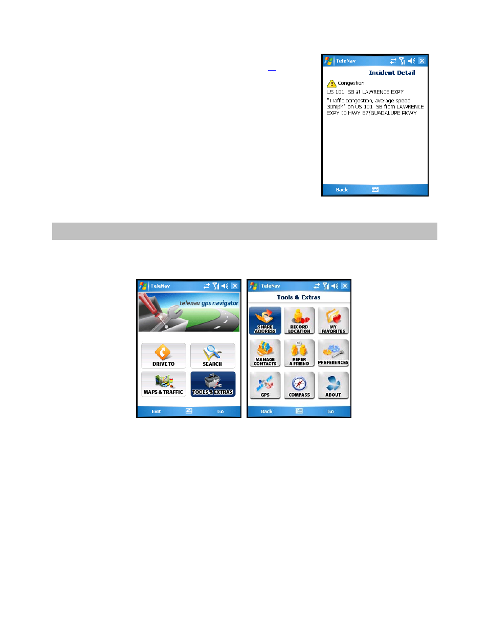 Tools/extras menu | Telenav for AT&T Supported Devices: v5.2 for Windows Mobile; HTC 8525, 8925; Samsung BlackJack 2 Users Guide User Manual | Page 45 / 72