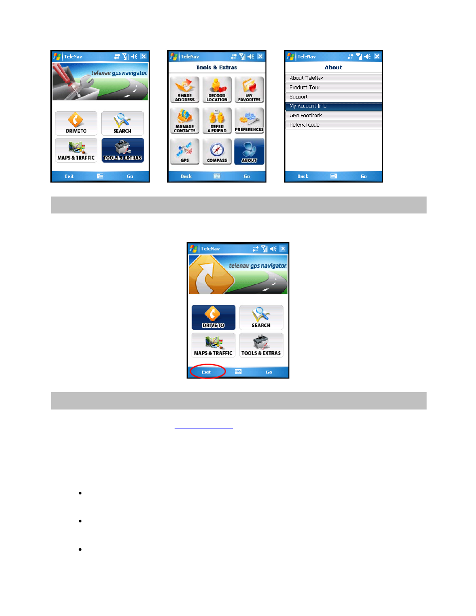 Exit telenav gps navigator, The telenav website, Available without logging in | Telenav for AT&T Supported Devices: v5.2 for Windows Mobile; HTC 8525, 8925; Samsung BlackJack 2 Users Guide User Manual | Page 67 / 72