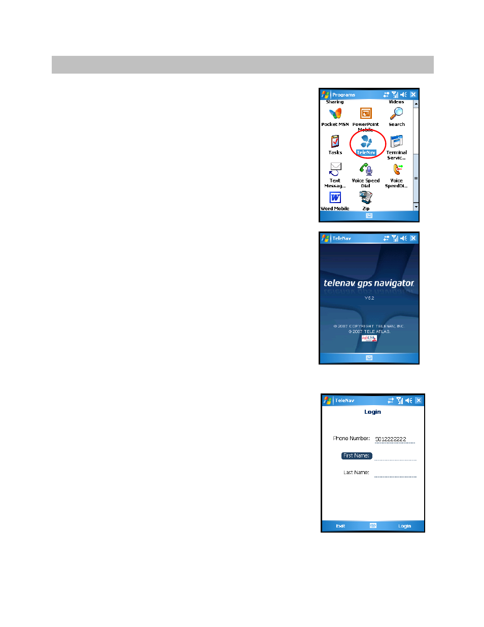 Launching telenav gps navigator, Login | Telenav for AT&T Supported Devices: v5.2 for Windows Mobile; HTC 8525, 8925; Samsung BlackJack 2 Users Guide User Manual | Page 9 / 72