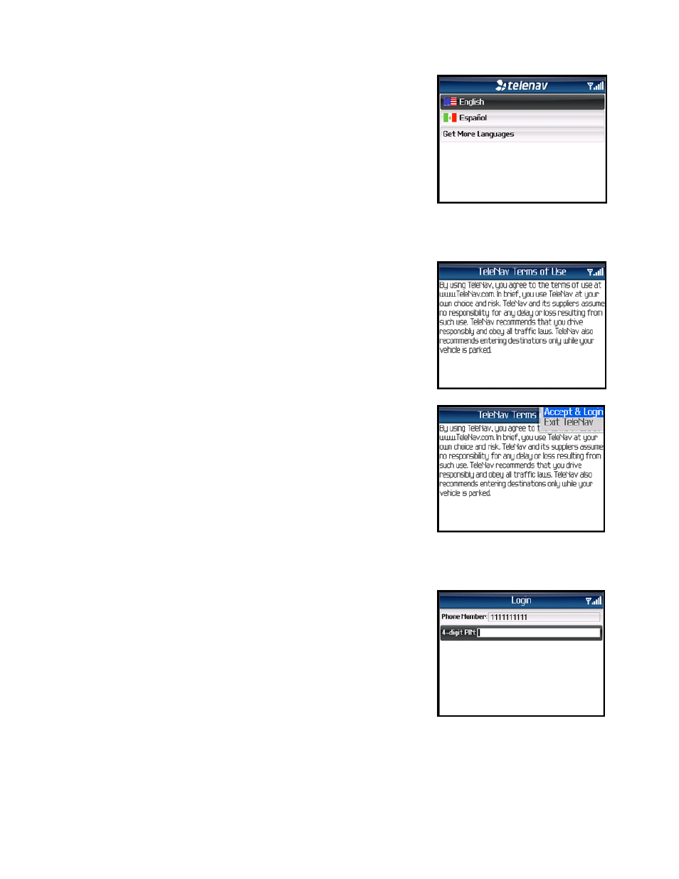 Terms of use, Registration | Telenav for AT&T Supported Devices: v5.1 for BlackBerry 8100, 8300, 8310, 8700, 8800 User Manual | Page 11 / 51