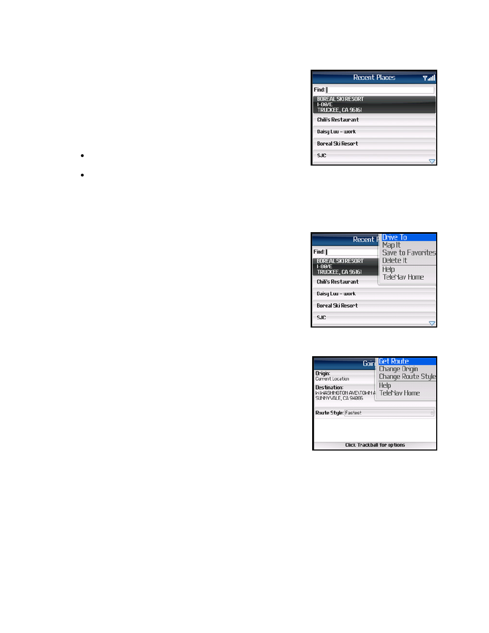 Recent places | Telenav for AT&T Supported Devices: v5.1 for BlackBerry 8100, 8300, 8310, 8700, 8800 User Manual | Page 18 / 51