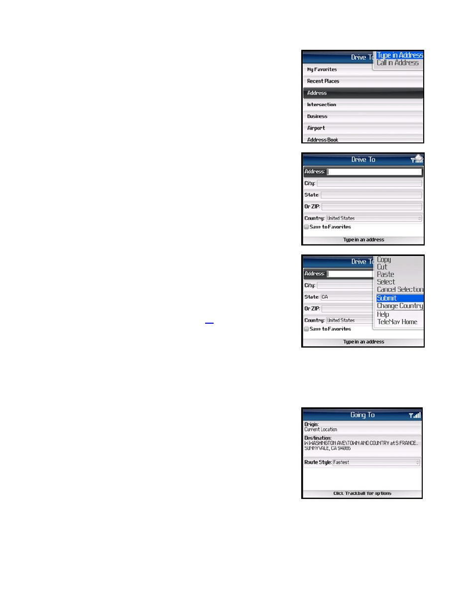 Address – typing in | Telenav for AT&T Supported Devices: v5.1 for BlackBerry 8100, 8300, 8310, 8700, 8800 User Manual | Page 19 / 51