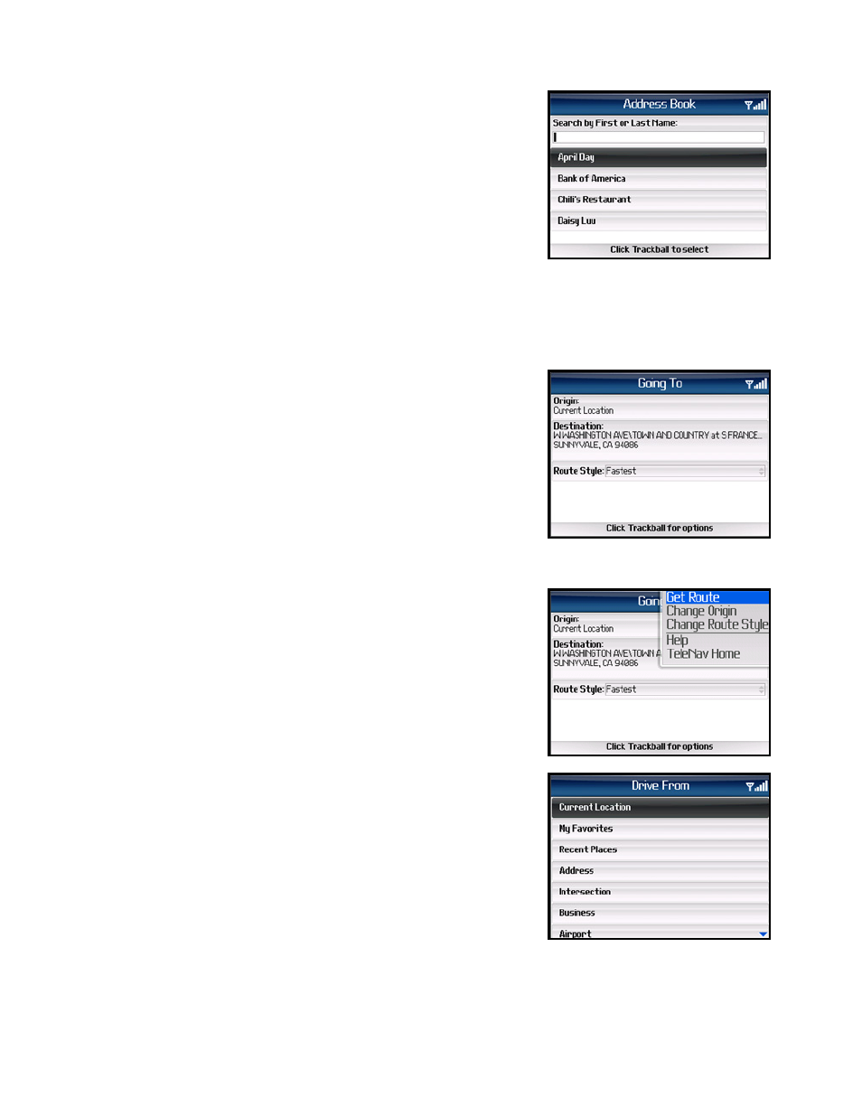 Address book, Navigation options (going to screen) | Telenav for AT&T Supported Devices: v5.1 for BlackBerry 8100, 8300, 8310, 8700, 8800 User Manual | Page 24 / 51