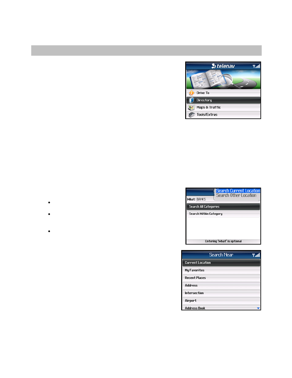 Directory menu, Search all categories | Telenav for AT&T Supported Devices: v5.1 for BlackBerry 8100, 8300, 8310, 8700, 8800 User Manual | Page 34 / 51
