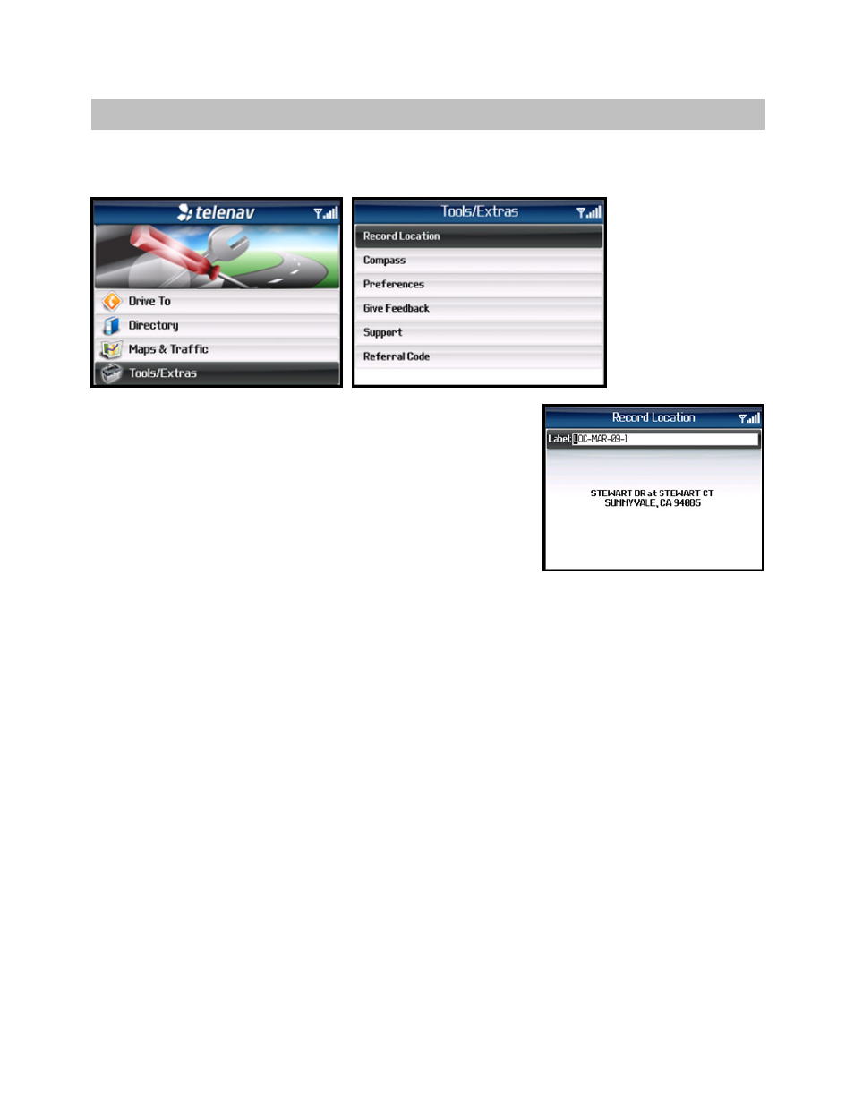 Tools/extras menu, Record location | Telenav for AT&T Supported Devices: v5.1 for BlackBerry 8100, 8300, 8310, 8700, 8800 User Manual | Page 40 / 51