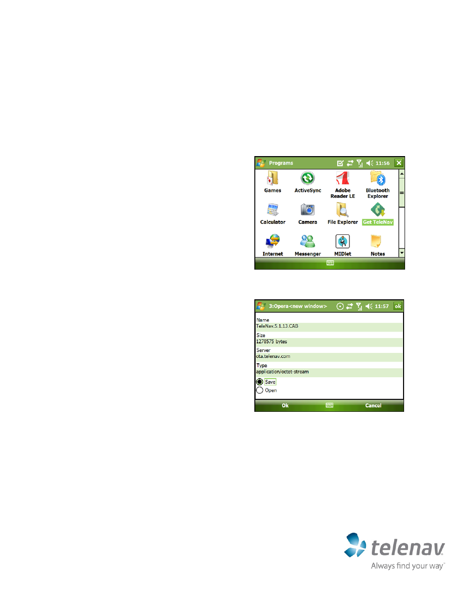 Telenav for AT&T Supported Devices: v5.1 for Windows Mobile; HTC Advantage Quick Start Guide User Manual | 6 pages