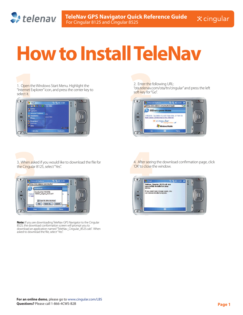 Telenav for AT&T Supported Devices: v4.1 for AT&T 8125, 8525 Quick Start Guide User Manual | 2 pages