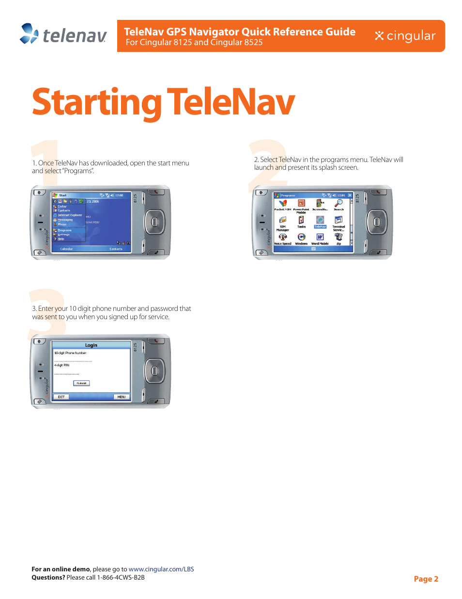 Starting telenav | Telenav for AT&T Supported Devices: v4.1 for AT&T 8125, 8525 Quick Start Guide User Manual | Page 2 / 2
