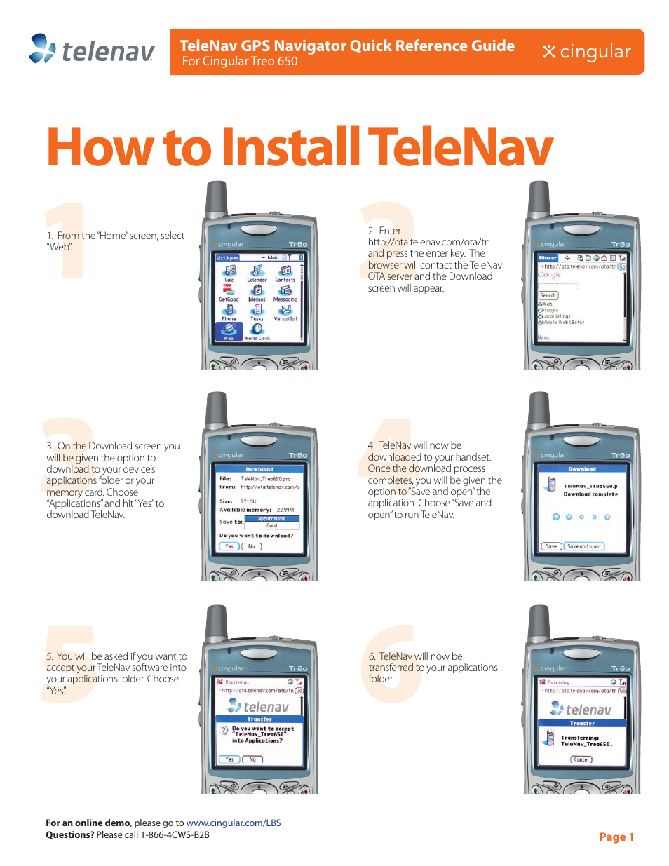 Telenav for AT&T Supported Devices: v4.1 for Palm Treo 650 Quick Start Guide User Manual | 2 pages