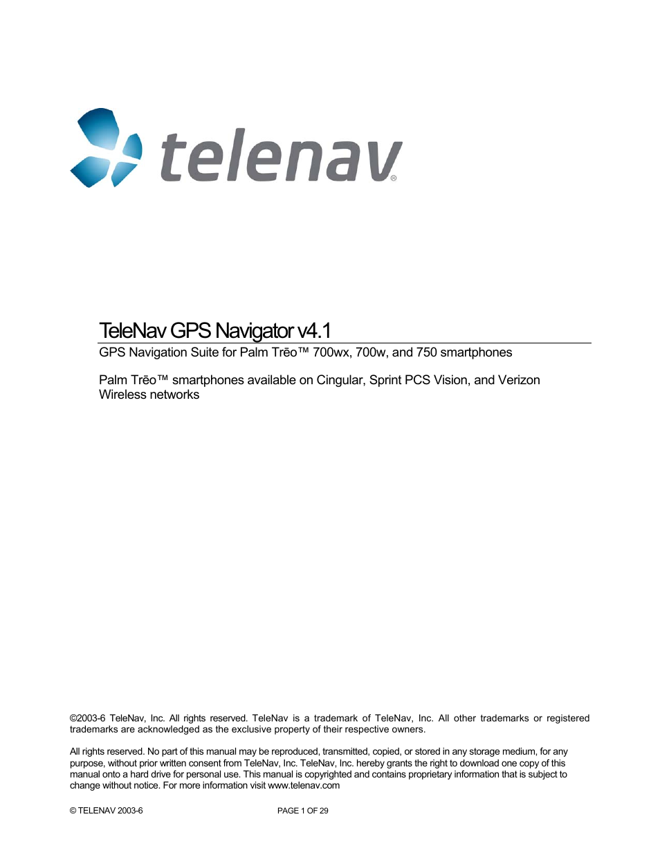 Telenav for AT&T Supported Devices: v4.1 for Palm Treo 750 User Manual | 29 pages