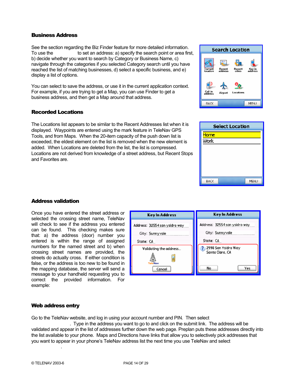 Business address, Recorded locations, Address validation | Web address entry | Telenav for AT&T Supported Devices: v4.1 for Palm Treo 750 User Manual | Page 14 / 29