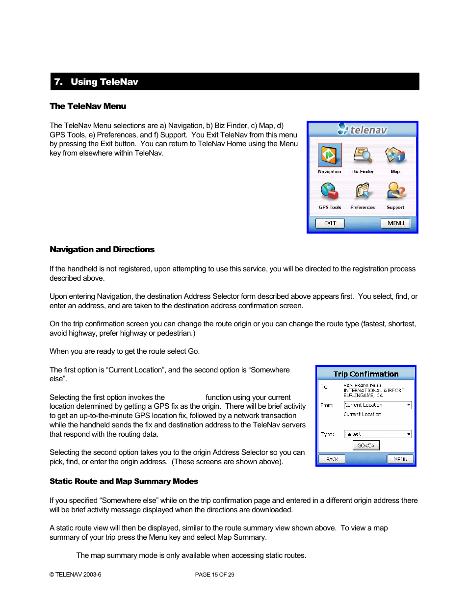 Using telenav, The telenav menu, Navigation and directions | Static route and map summary modes | Telenav for AT&T Supported Devices: v4.1 for Palm Treo 750 User Manual | Page 15 / 29