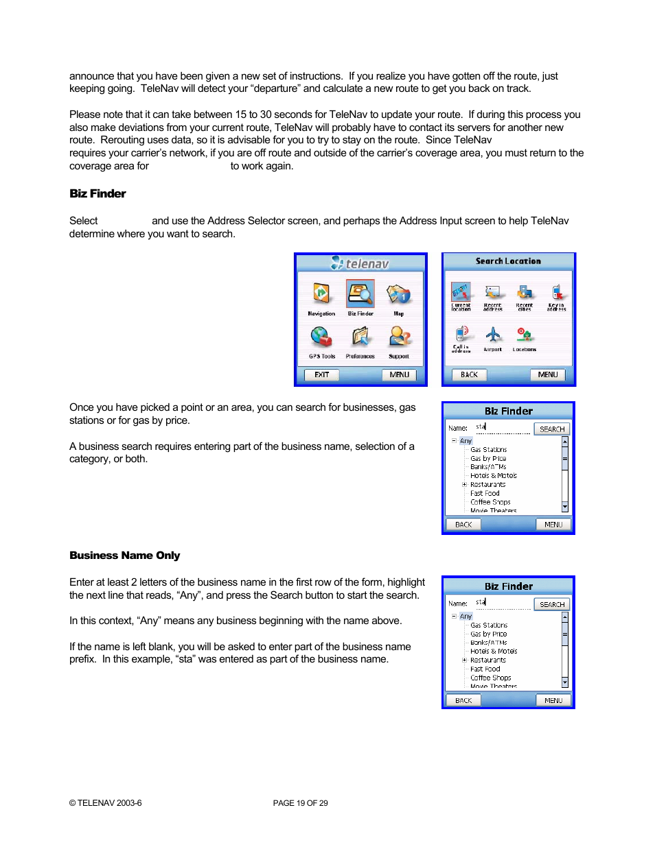 Biz finder, Business name only | Telenav for AT&T Supported Devices: v4.1 for Palm Treo 750 User Manual | Page 19 / 29