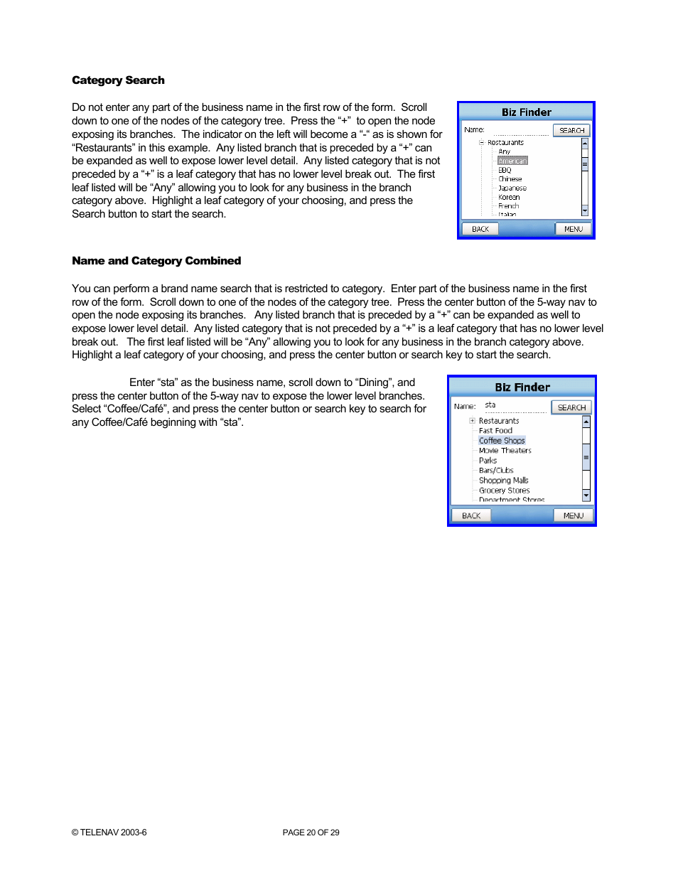 Category search, Name and category combined | Telenav for AT&T Supported Devices: v4.1 for Palm Treo 750 User Manual | Page 20 / 29
