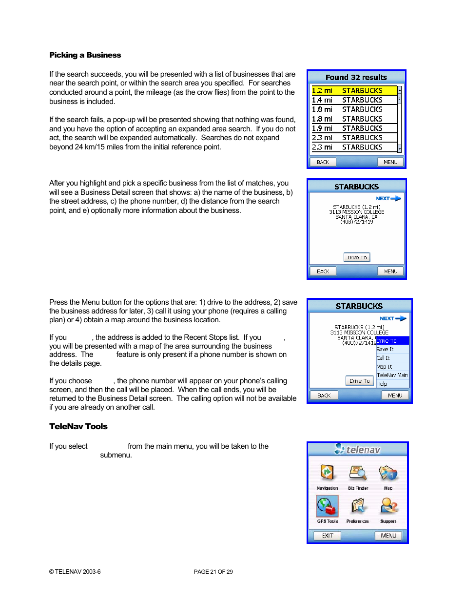 Picking a business, Telenav tools | Telenav for AT&T Supported Devices: v4.1 for Palm Treo 750 User Manual | Page 21 / 29