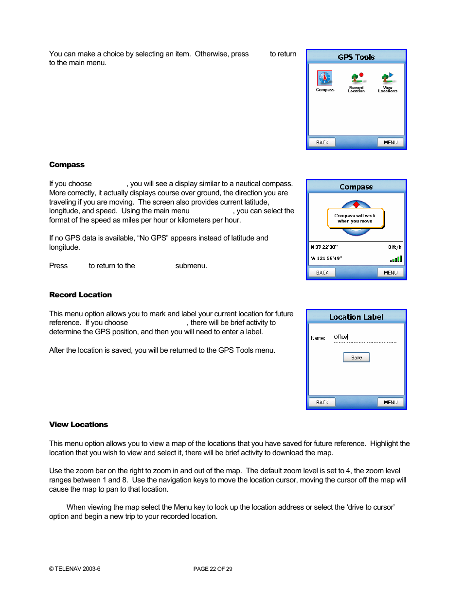 Compass, Record location, View locations | Telenav for AT&T Supported Devices: v4.1 for Palm Treo 750 User Manual | Page 22 / 29