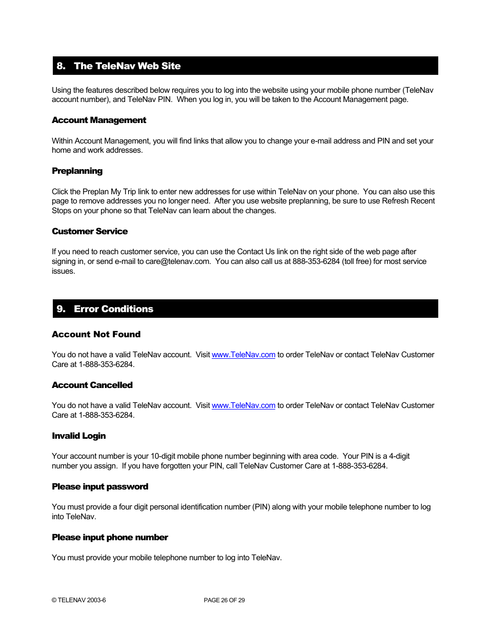The telenav web site, Account management, Preplanning | Customer service, Error conditions, Account not found, Account cancelled, Invalid login, Please input password, Please input phone number | Telenav for AT&T Supported Devices: v4.1 for Palm Treo 750 User Manual | Page 26 / 29