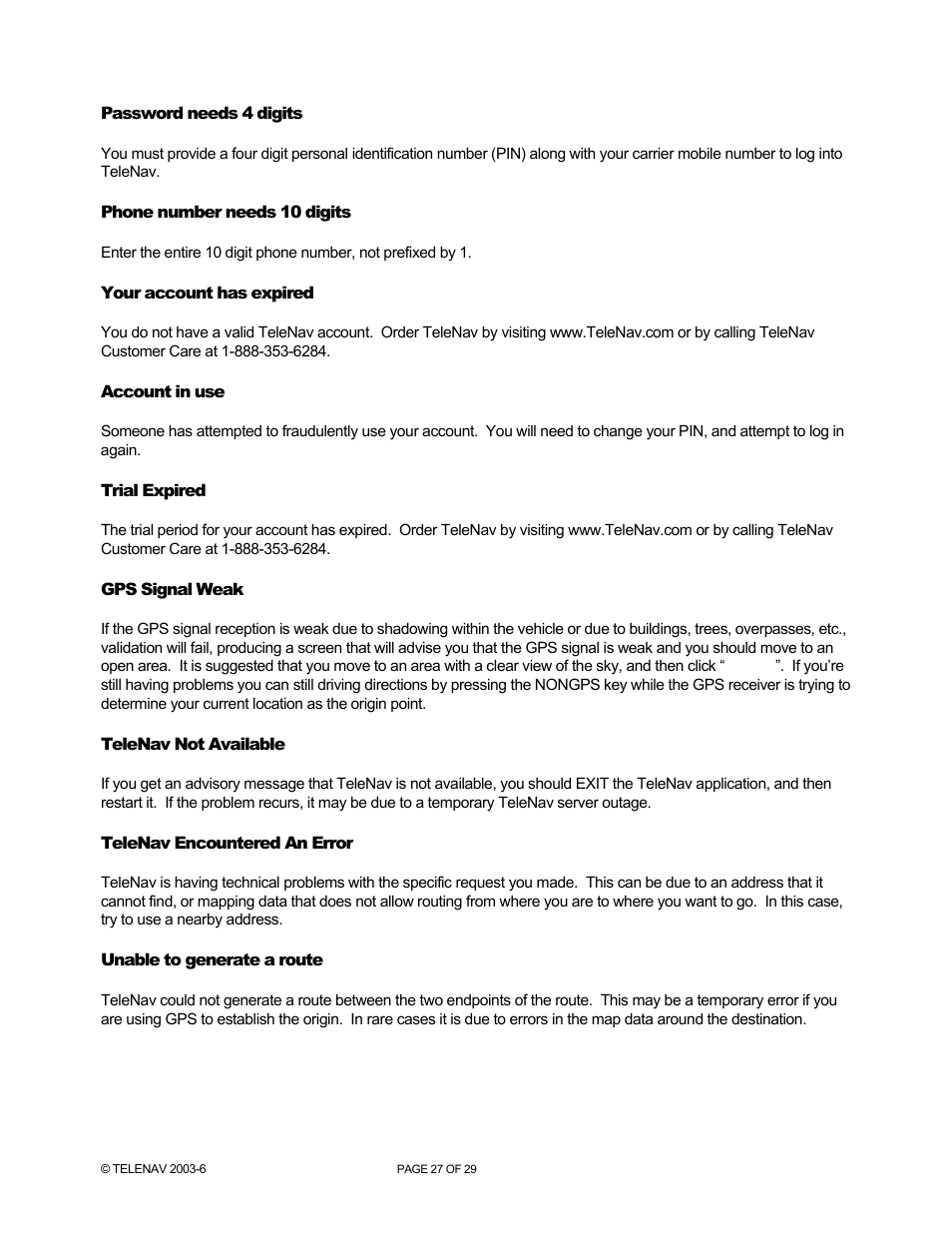 Password needs 4 digits, Phone number needs 10 digits, Your account has expired | Account in use, Trial expired, Gps signal weak, Telenav not available, Telenav encountered an error, Unable to generate a route | Telenav for AT&T Supported Devices: v4.1 for Palm Treo 750 User Manual | Page 27 / 29