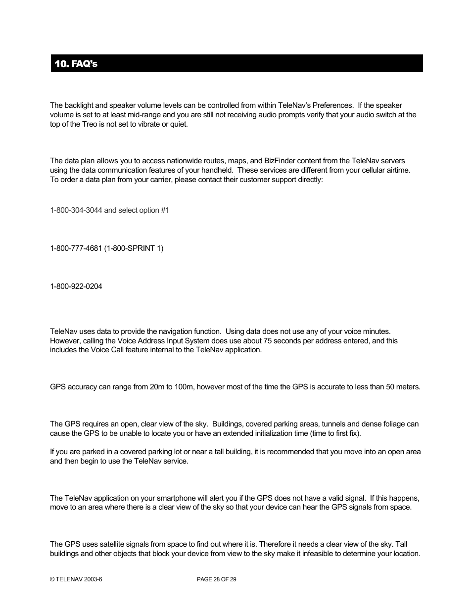 Faq’s, Cingular, Sprint pcs | Verizon wireless | Telenav for AT&T Supported Devices: v4.1 for Palm Treo 750 User Manual | Page 28 / 29