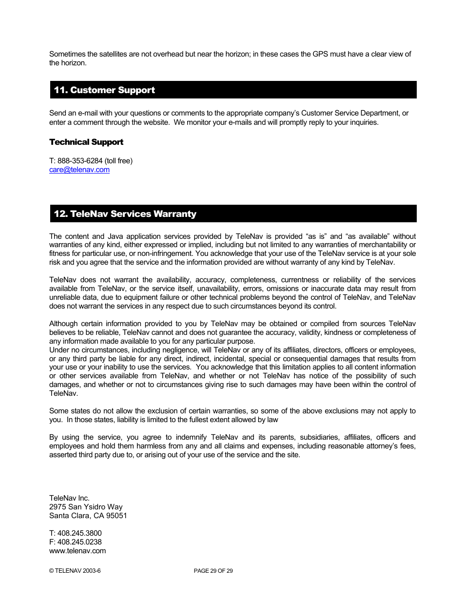 Customer support, Technical support, Telenav services warranty | Telenav for AT&T Supported Devices: v4.1 for Palm Treo 750 User Manual | Page 29 / 29