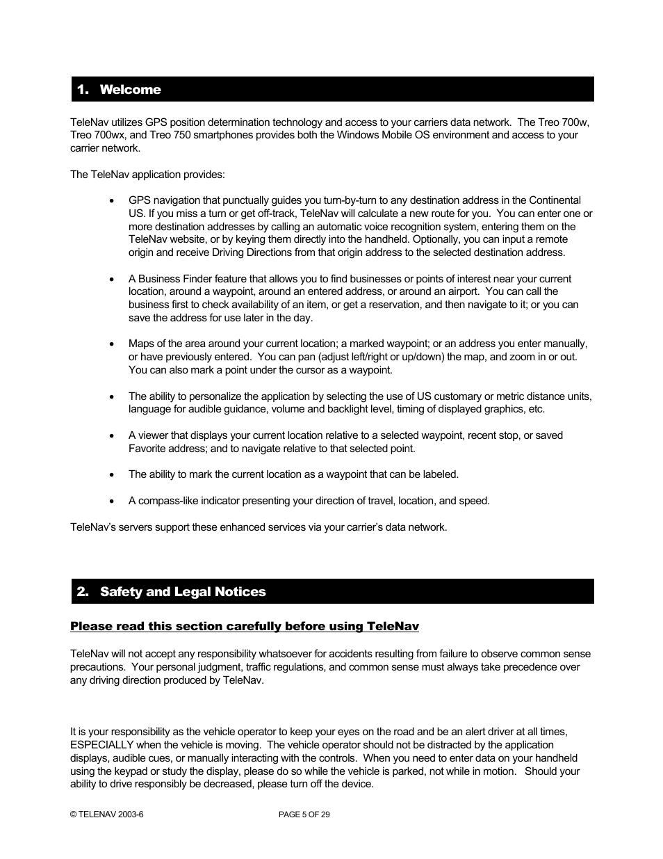 Welcome, Safety and legal notices | Telenav for AT&T Supported Devices: v4.1 for Palm Treo 750 User Manual | Page 5 / 29