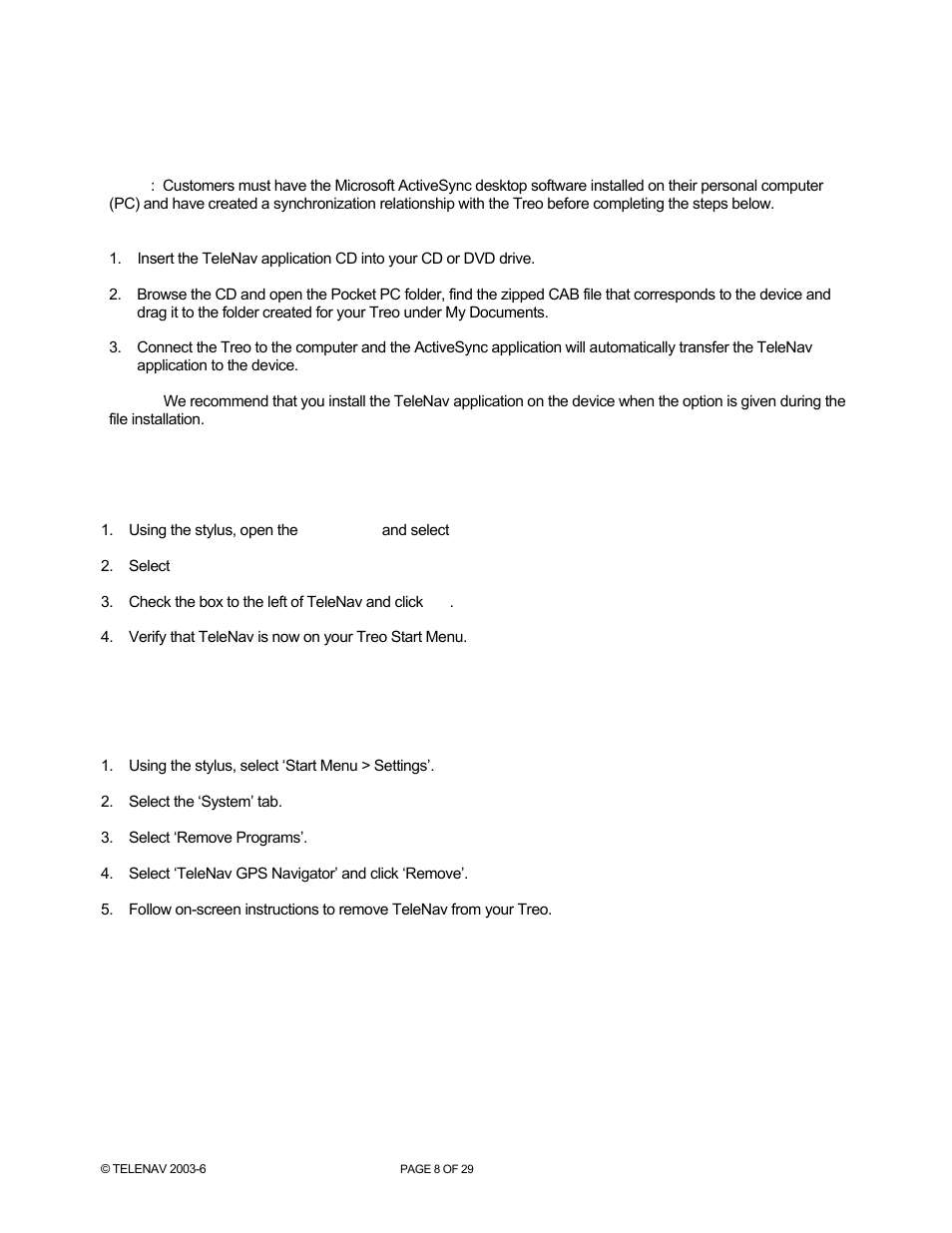 Using the cd and microsoft activesync, Adding telenav to the treo start menu, Removing telenav from the treo | Telenav for AT&T Supported Devices: v4.1 for Palm Treo 750 User Manual | Page 8 / 29