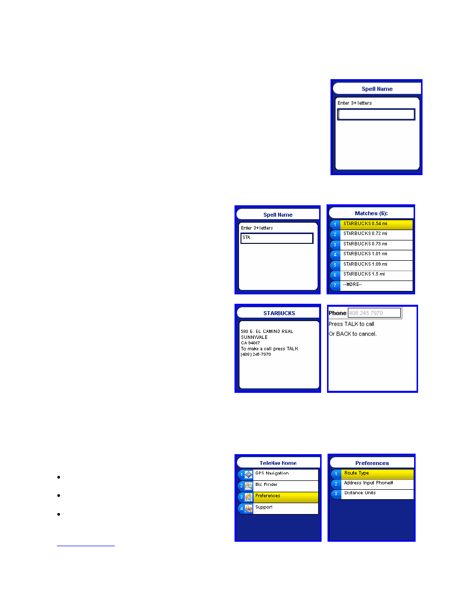 Business name search, Picking a business, Preferences | Telenav for AT&T Supported Devices: v3.9 Lite for Motorola SLVR L6, L7, RAZR V3i Users Guide User Manual | Page 18 / 23