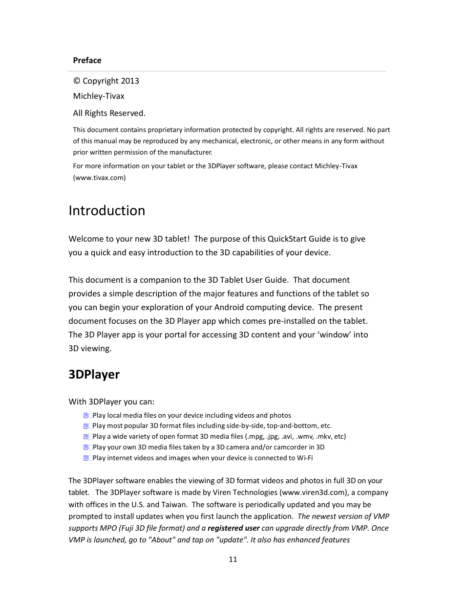 Introduction, 3dplayer | Tivax MiTraveler 3D-8 User Manual | Page 13 / 29