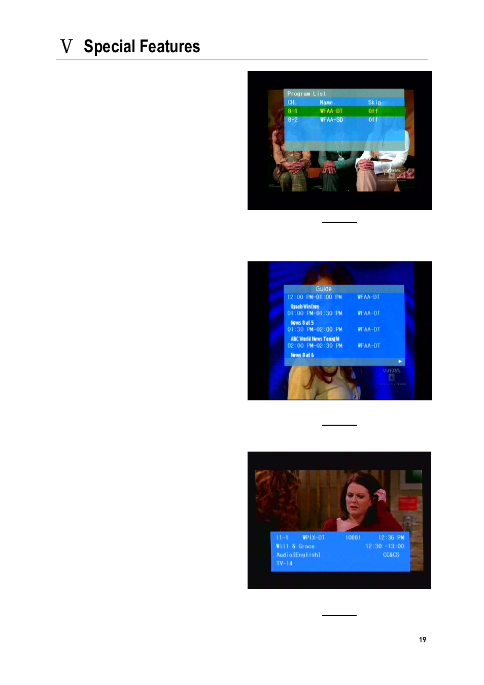 Special features, Channels list, Electronic program guide (epg) | Channel information | Tivax HiRez 9″ TV User Manual User Manual | Page 19 / 23