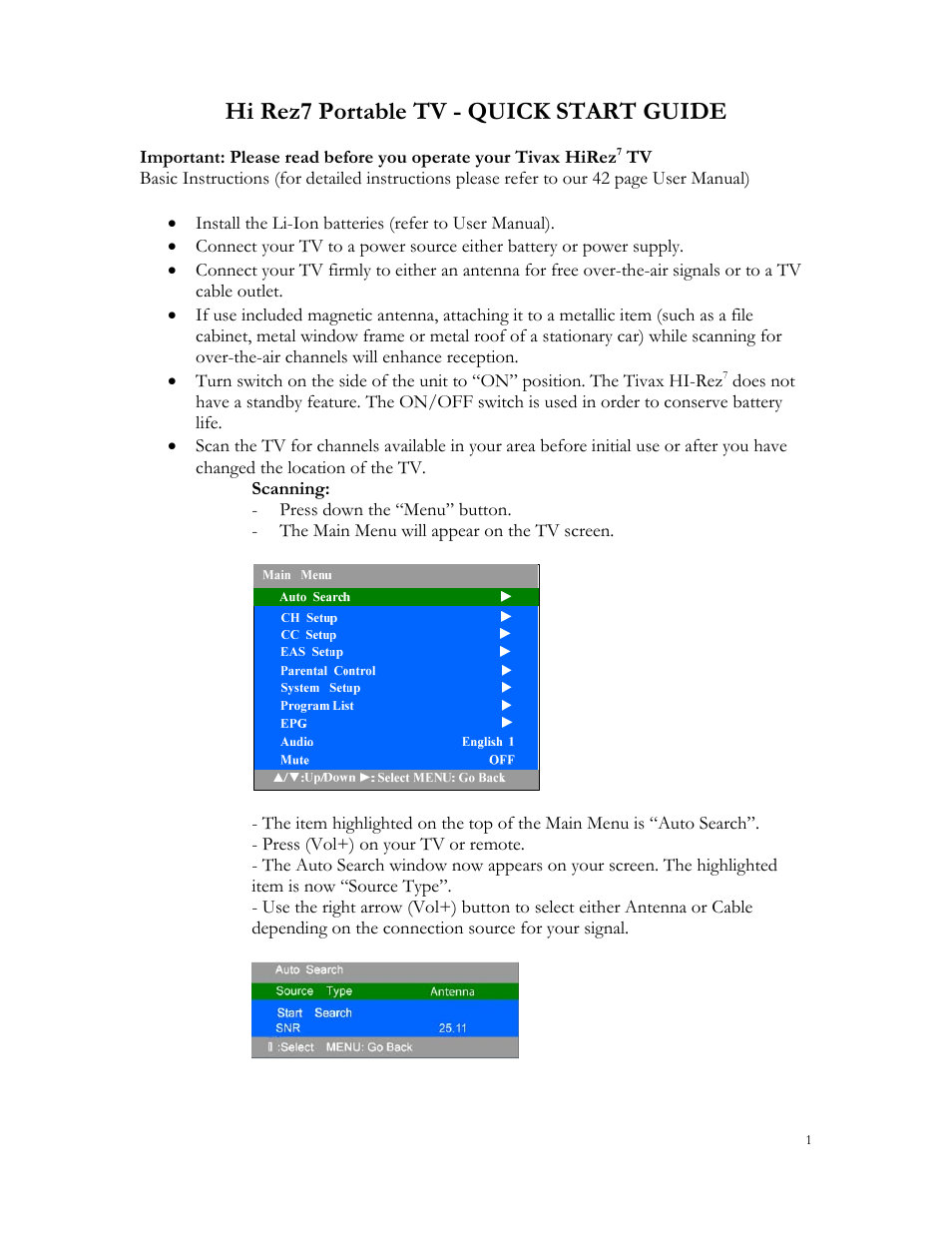 Tivax HiRez 7 Portable TV Quick Start User Manual | 2 pages