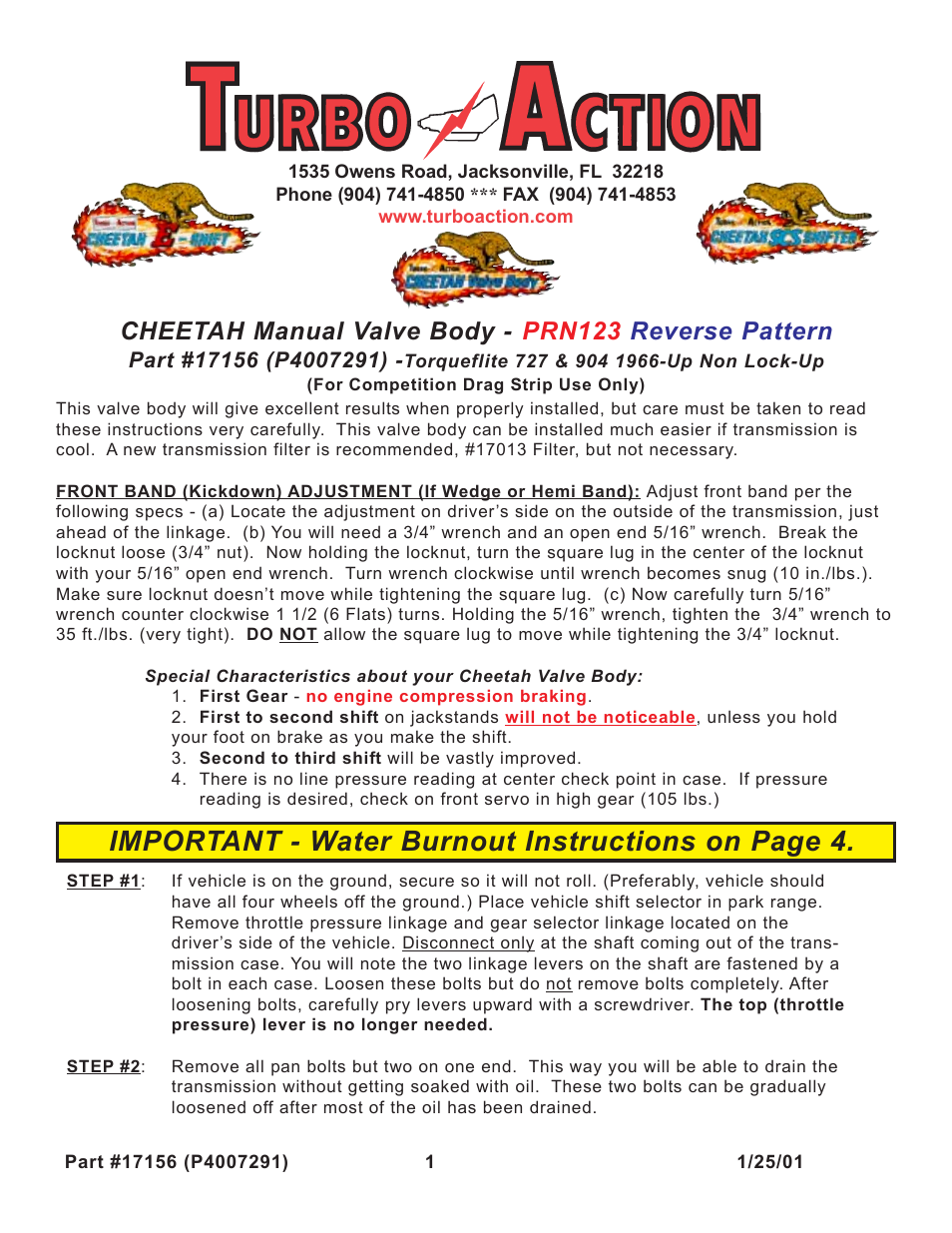 Turbo Action 17156 Torqueflite 727, 904, 998 & 999 User Manual | 4 pages