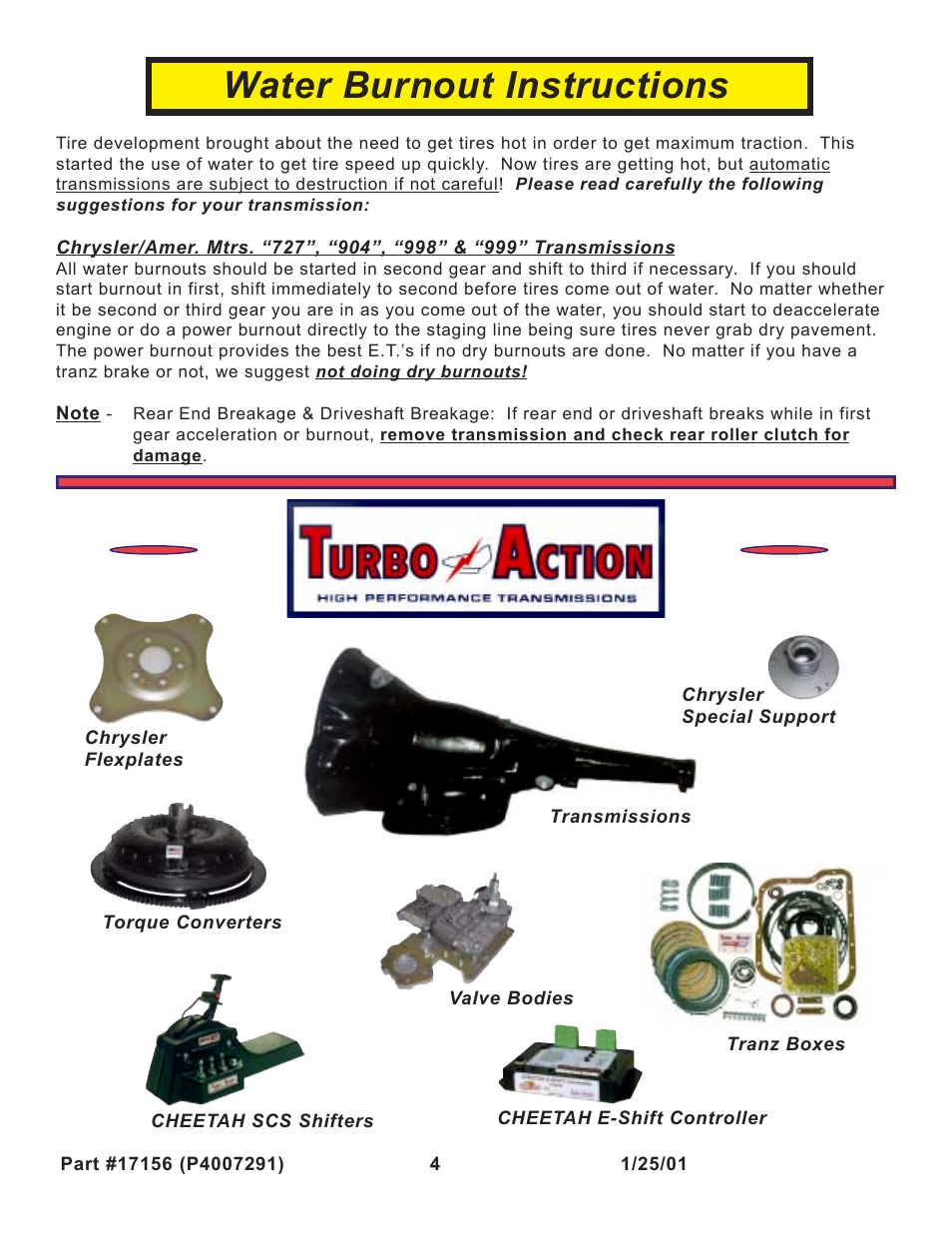 Water burnout instructions | Turbo Action 17156 Torqueflite 727, 904, 998 & 999 User Manual | Page 4 / 4