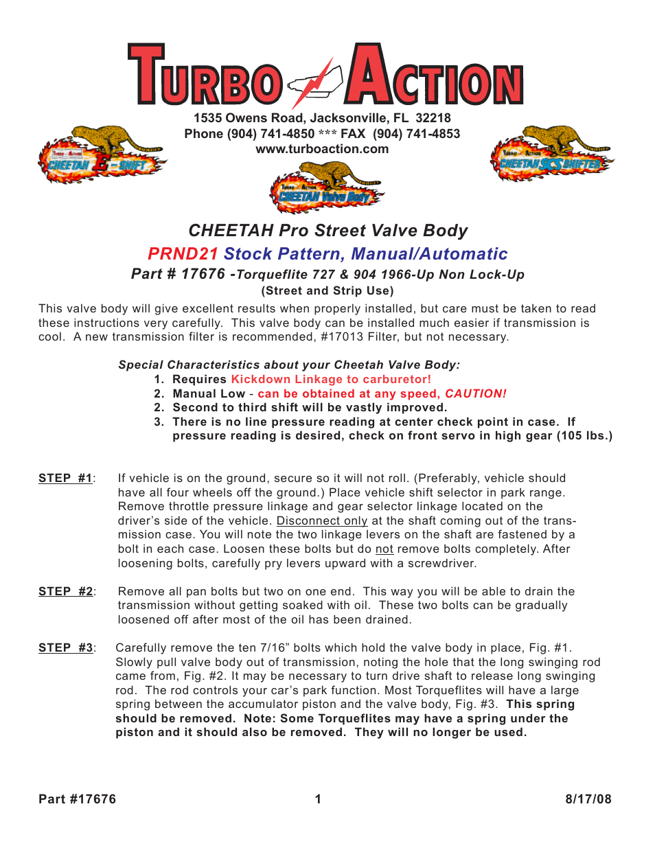 Turbo Action 17676 Torqueflite 727, 904, 998 & 999 Pro Street Manual/Automatic Valve Body (PRND21) User Manual | 4 pages